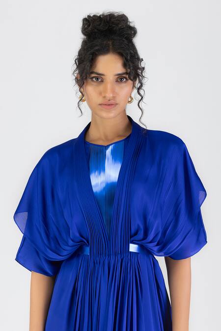 Buy_Amit Aggarwal_Blue Satin, Chiffon Round Neck Layered Metallic Pleated Maxi Dress _Online_at_Aza_Fashions