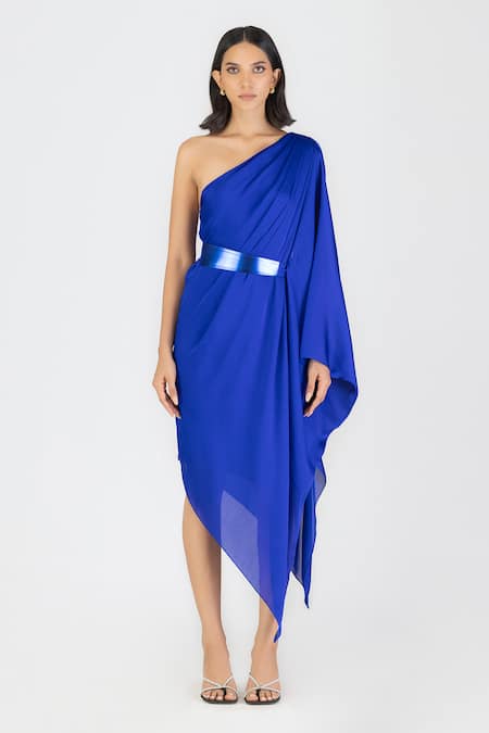 Amit Aggarwal Blue Satin Chiffon Plain Asymmetric One Shoulder Draped Dress With Belt 