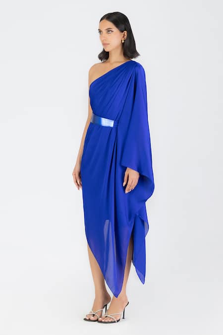 Amit Aggarwal_Blue Satin, Chiffon Asymmetric Draped Dress With Belt _Online_at_Aza_Fashions