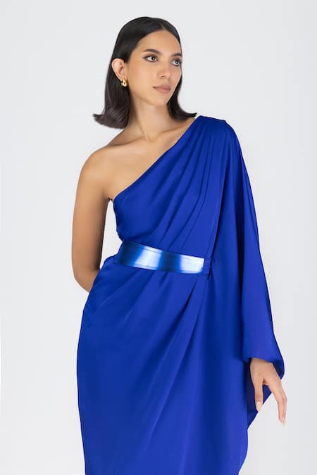 Buy_Amit Aggarwal_Blue Satin, Chiffon Asymmetric Draped Dress With Belt _Online_at_Aza_Fashions