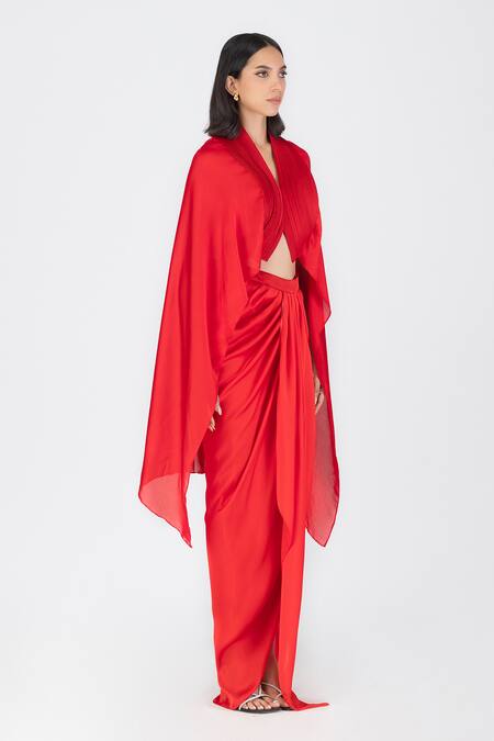 Buy_Amit Aggarwal_Red Satin Pleated Cape And Draped Skirt Set _Online_at_Aza_Fashions