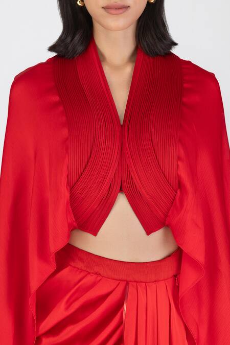 Shop_Amit Aggarwal_Red Satin Pleated Cape And Draped Skirt Set _Online_at_Aza_Fashions