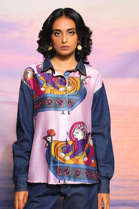 Ananya Agrawal Label Purple Chanderi, Denim Collared Raja Rani Print Shirt With Sleeves 