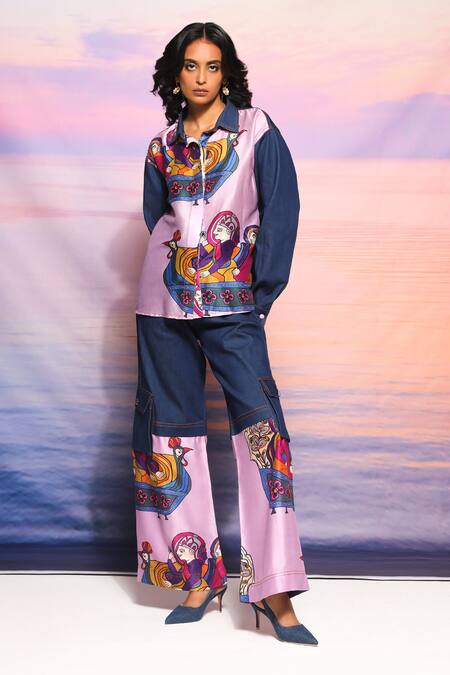 Ananya Agrawal Label Purple Chanderi, Denim Collared Raja Rani Print Shirt With Sleeves Online at Aza Fashions Ananya Agrawal Label_Purple Chanderi, Denim Collared Raja Rani Print Shirt With Sleeves _Online_at_Aza_Fashions