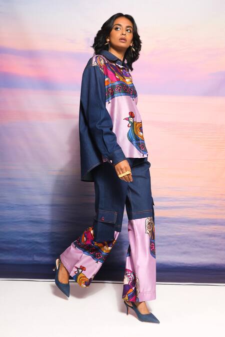 Buy Ananya Agrawal Label Purple Chanderi, Denim Collared Raja Rani Print Shirt With Sleeves Online at Aza Fashions Buy_Ananya Agrawal Label_Purple Chanderi, Denim Collared Raja Rani Print Shirt With Sleeves _Online_at_Aza_Fashions