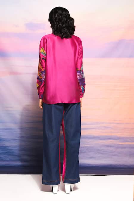 Shop Ananya Agrawal Label Pink Chanderi, Denim Collared Botanical Print Shirt And Pant Set at Aza Fashions Shop_Ananya Agrawal Label_Pink Chanderi, Denim Collared Botanical Print Shirt And Pant Set _at_Aza_Fashions