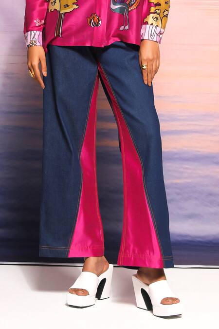 Ananya Agrawal Label Pink Chanderi, Denim Collared Botanical Print Shirt And Pant Set Online at Aza Fashions Ananya Agrawal Label_Pink Chanderi, Denim Collared Botanical Print Shirt And Pant Set _Online_at_Aza_Fashions