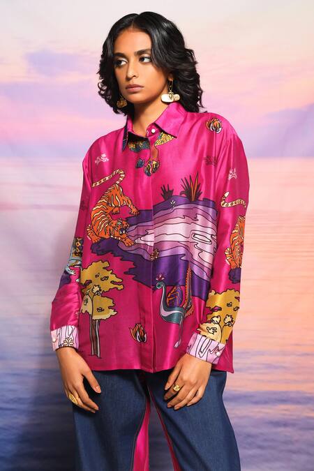 Buy Ananya Agrawal Label Pink Chanderi, Denim Collared Botanical Print Shirt And Pant Set Online at Aza Fashions Buy_Ananya Agrawal Label_Pink Chanderi, Denim Collared Botanical Print Shirt And Pant Set _Online_at_Aza_Fashions