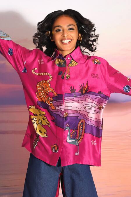 Shop Ananya Agrawal Label Pink Chanderi, Denim Collared Botanical Print Shirt And Pant Set Online at Aza Fashions Shop_Ananya Agrawal Label_Pink Chanderi, Denim Collared Botanical Print Shirt And Pant Set _Online_at_Aza_Fashions