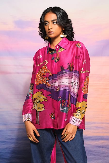 ANANYA AGRAWAL LABEL Botanical Print Chanderi Shirt 