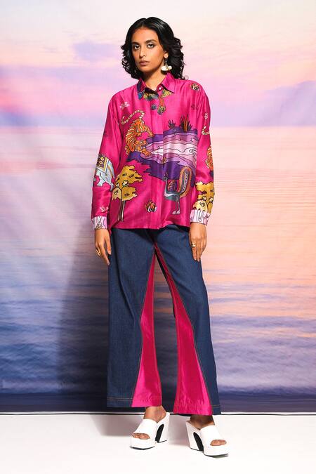 Ananya Agrawal Label Pink Chanderi Collared Botanical Print Shirt Online at Aza Fashions Ananya Agrawal Label_Pink Chanderi Collared Botanical Print Shirt _Online_at_Aza_Fashions