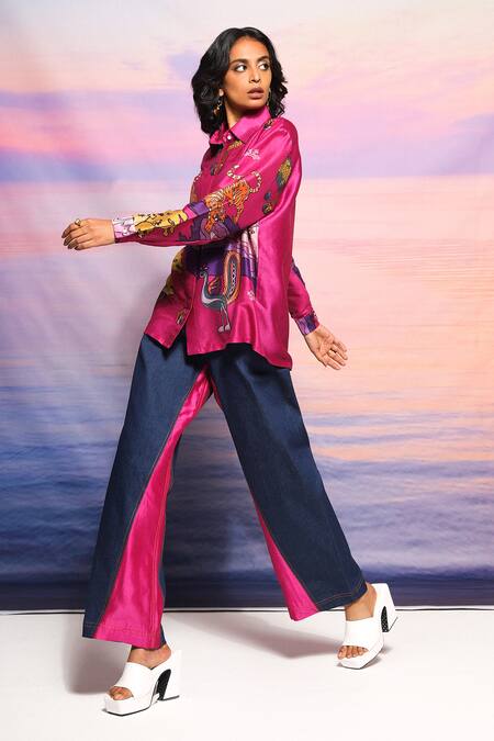 Buy Ananya Agrawal Label Pink Chanderi Collared Botanical Print Shirt Online at Aza Fashions Buy_Ananya Agrawal Label_Pink Chanderi Collared Botanical Print Shirt _Online_at_Aza_Fashions