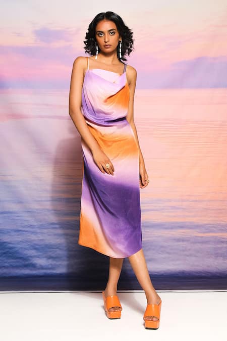 Ananya Agrawal Label Purple Cotton Gradient Ombre Draped Midi Dress