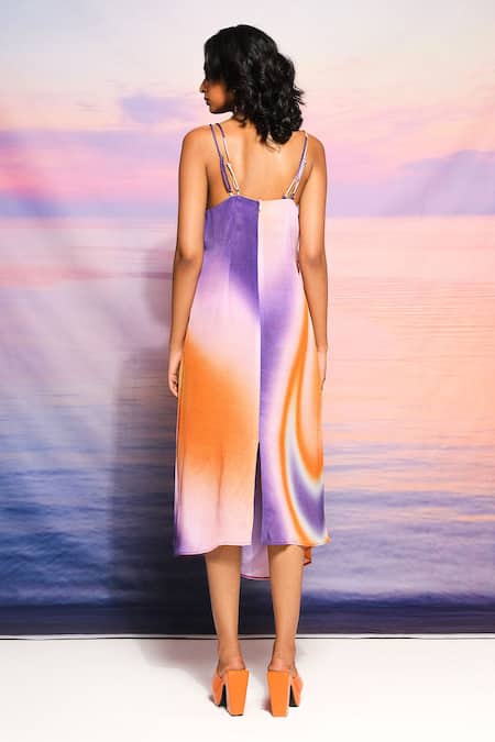 Shop Ananya Agrawal Label Purple Cotton Gradient Ombre Draped Midi Dress at Aza Fashions Shop_Ananya Agrawal Label_Purple Cotton Gradient Ombre Draped Midi Dress _at_Aza_Fashions