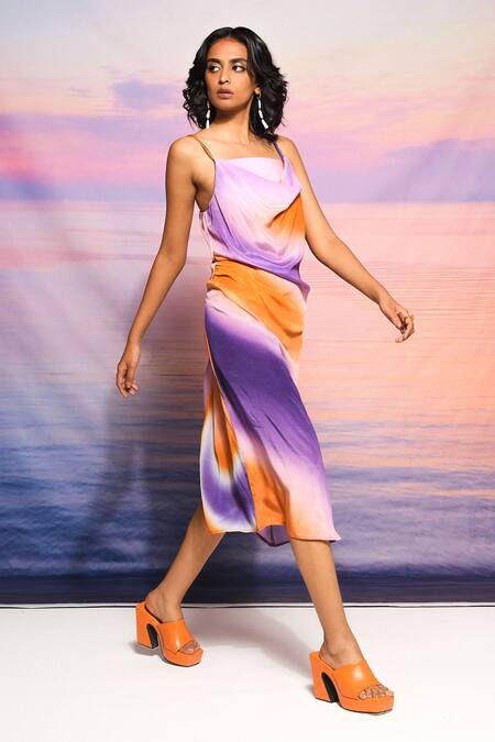 Ananya Agrawal Label Purple Cotton Gradient Ombre Draped Midi Dress Online at Aza Fashions Ananya Agrawal Label_Purple Cotton Gradient Ombre Draped Midi Dress _Online_at_Aza_Fashions