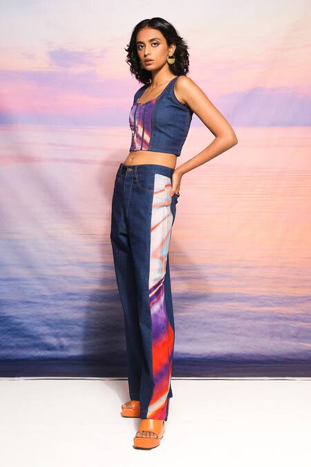 Buy Ananya Agrawal Label Purple Denim Round Neck Gradient Print Front Zipper Corset Online at Aza Fashions Buy_Ananya Agrawal Label_Purple Denim Round Neck Gradient Print Front Zipper Corset _Online_at_Aza_Fashions