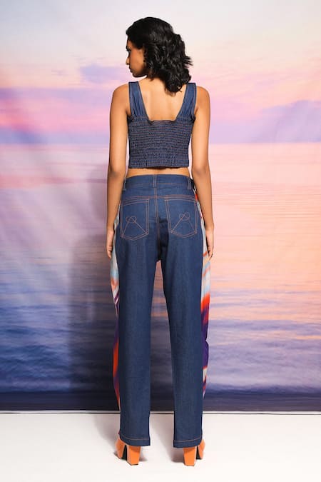 Shop Ananya Agrawal Label Purple Denim, Crepe Round Neck Gradient Print Corset And Pant Set at Aza Fashions Shop_Ananya Agrawal Label_Purple Denim, Crepe Round Neck Gradient Print Corset And Pant Set _at_Aza_Fashions