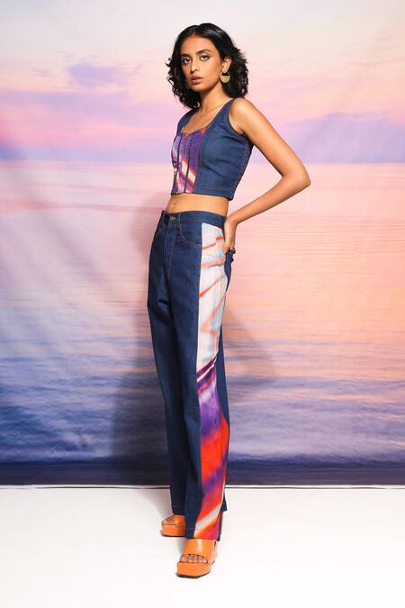 Ananya Agrawal Label Purple Denim, Crepe Round Neck Gradient Print Corset And Pant Set Online at Aza Fashions Ananya Agrawal Label_Purple Denim, Crepe Round Neck Gradient Print Corset And Pant Set _Online_at_Aza_Fashions