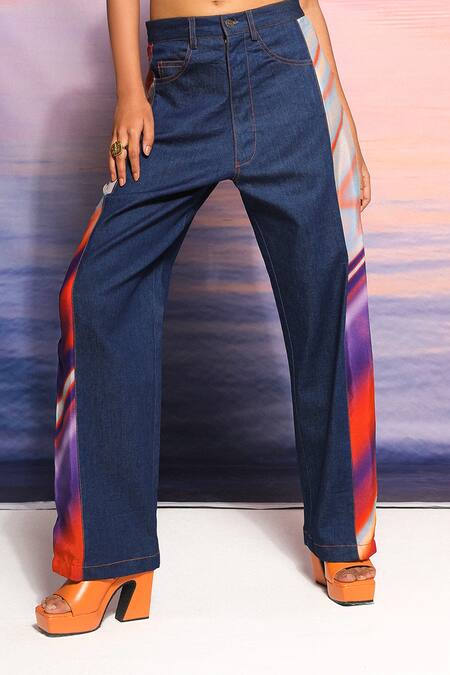 Shop Ananya Agrawal Label Purple Denim, Crepe Round Neck Gradient Print Corset And Pant Set Online at Aza Fashions Shop_Ananya Agrawal Label_Purple Denim, Crepe Round Neck Gradient Print Corset And Pant Set _Online_at_Aza_Fashions