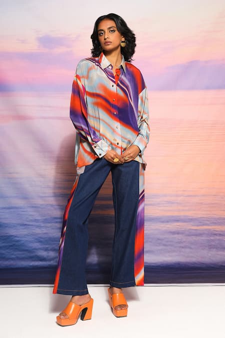 Ananya Agrawal Label Blue Crepe Collared Gradient Print Shirt And Pant Set