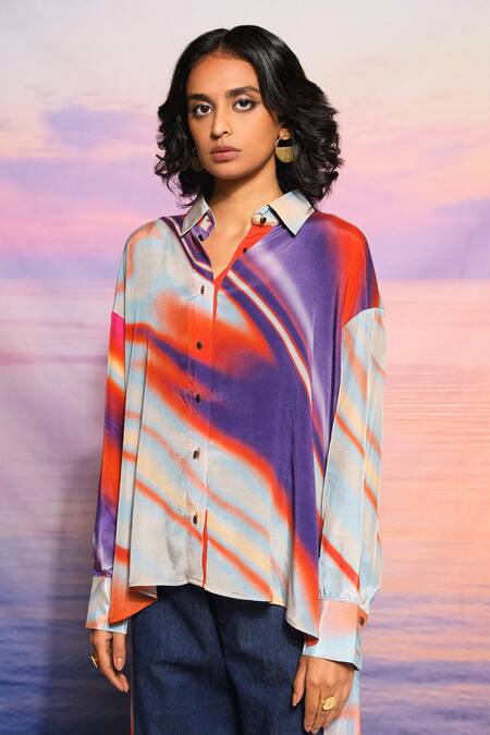 Shop Ananya Agrawal Label Blue Crepe Collared Gradient Print Shirt And Pant Set Online at Aza Fashions Shop_Ananya Agrawal Label_Blue Crepe Collared Gradient Print Shirt And Pant Set _Online_at_Aza_Fashions