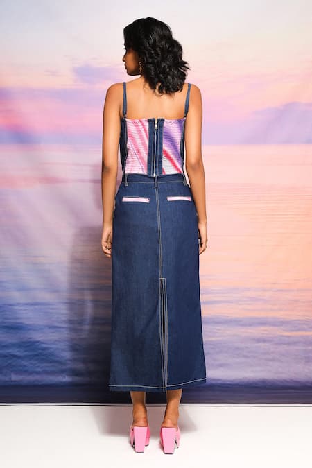 Shop_Ananya Agrawal Label_Blue Denim Scoop Neck Gradient Print Corset And Skirt Set _at_Aza_Fashions