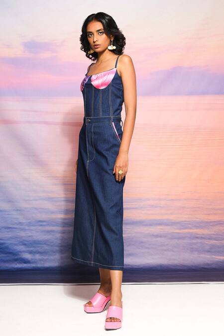 Buy_Ananya Agrawal Label_Blue Denim Scoop Neck Gradient Print Corset And Skirt Set _Online_at_Aza_Fashions