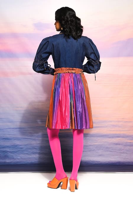 Shop Ananya Agrawal Label Multi Color Denim, Crepe Asymmetric Multicolor Collar Dress at Aza Fashions Shop_Ananya Agrawal Label_Multi Color Denim, Crepe Asymmetric Multicolor Collar Dress _at_Aza_Fashions