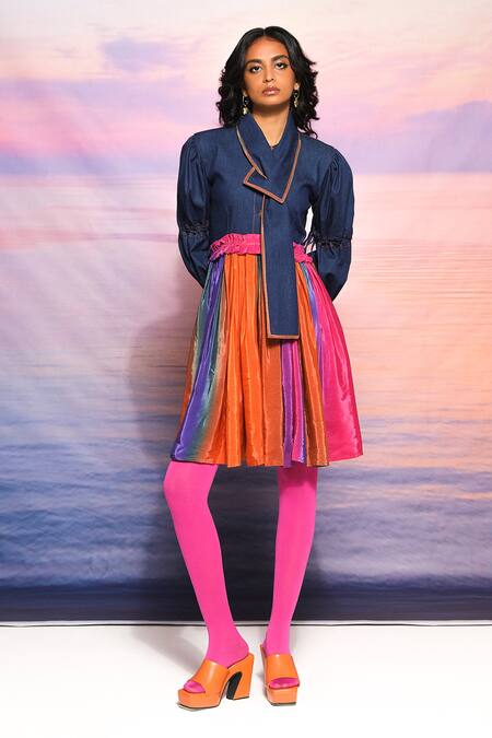Ananya Agrawal Label Multi Color Denim, Crepe Asymmetric Multicolor Collar Dress Online at Aza Fashions Ananya Agrawal Label_Multi Color Denim, Crepe Asymmetric Multicolor Collar Dress _Online_at_Aza_Fashions