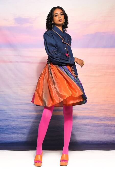 Buy Ananya Agrawal Label Multi Color Denim, Crepe Asymmetric Multicolor Collar Dress Online at Aza Fashions Buy_Ananya Agrawal Label_Multi Color Denim, Crepe Asymmetric Multicolor Collar Dress _Online_at_Aza_Fashions