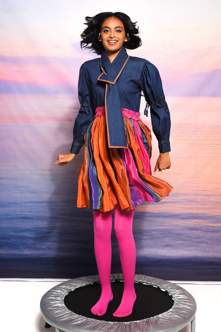 Shop Ananya Agrawal Label Multi Color Denim, Crepe Asymmetric Multicolor Collar Dress Online at Aza Fashions Shop_Ananya Agrawal Label_Multi Color Denim, Crepe Asymmetric Multicolor Collar Dress _Online_at_Aza_Fashions