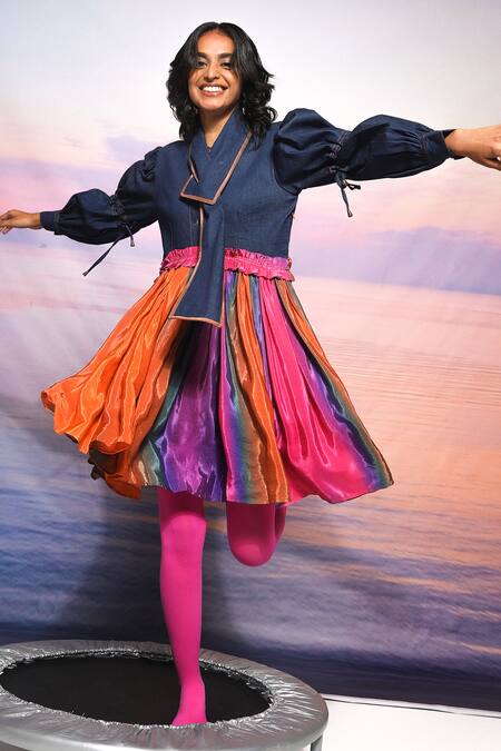 Ananya Agrawal Label Multi Color Denim, Crepe Asymmetric Multicolor Collar Dress at Aza Fashions Ananya Agrawal Label_Multi Color Denim, Crepe Asymmetric Multicolor Collar Dress _at_Aza_Fashions