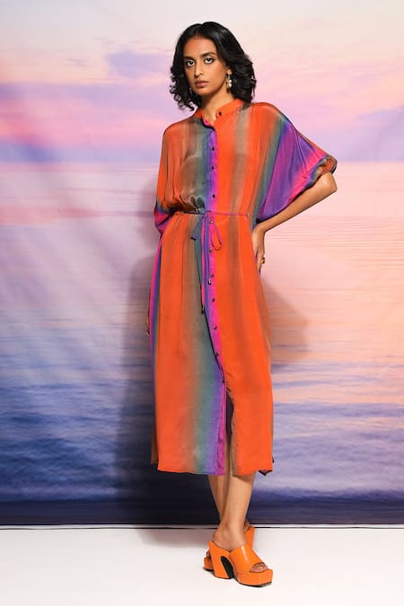 Ananya Agrawal Label Orange Crepe Collared Gradient Detailed Shirt Dress