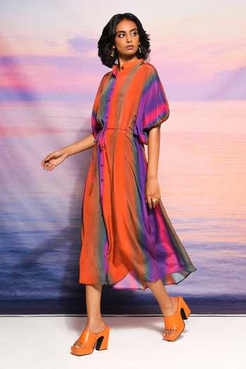 Ananya Agrawal Label Orange Crepe Collared Gradient Detailed Shirt Dress Online at Aza Fashions Ananya Agrawal Label_Orange Crepe Collared Gradient Detailed Shirt Dress _Online_at_Aza_Fashions