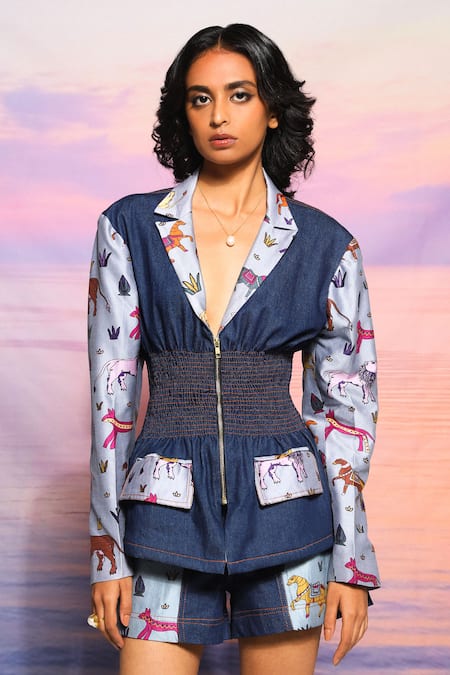 Ananya Agrawal Label Blue Chanderi, Denim Jungle Print Blazer