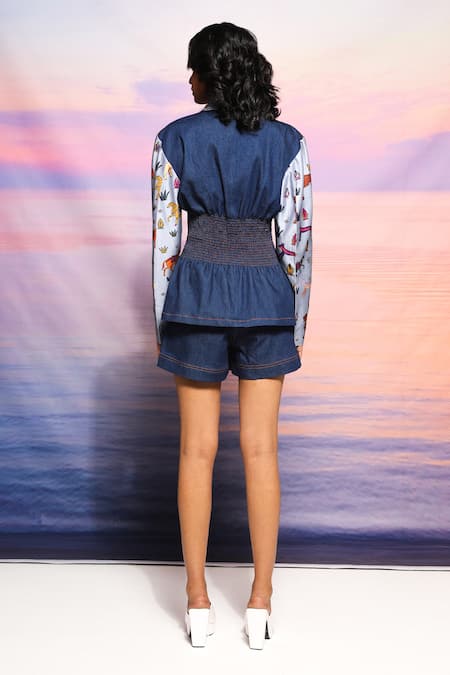 Shop Ananya Agrawal Label Blue Chanderi, Denim Jungle Print Blazer And Shorts Set at Aza Fashions Shop_Ananya Agrawal Label_Blue Chanderi, Denim Jungle Print Blazer And Shorts Set _at_Aza_Fashions