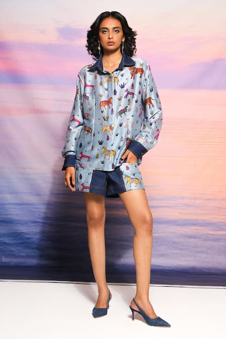 Ananya Agrawal Label Blue Chanderi, Denim Collared Jungle Print Shirt And Shorts Set
