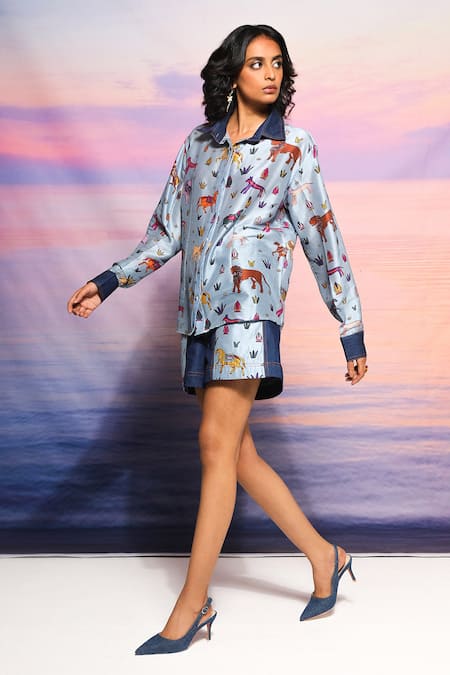 Ananya Agrawal Label Blue Chanderi, Denim Collared Jungle Print Shirt And Shorts Set Online at Aza Fashions Ananya Agrawal Label_Blue Chanderi, Denim Collared Jungle Print Shirt And Shorts Set _Online_at_Aza_Fashions