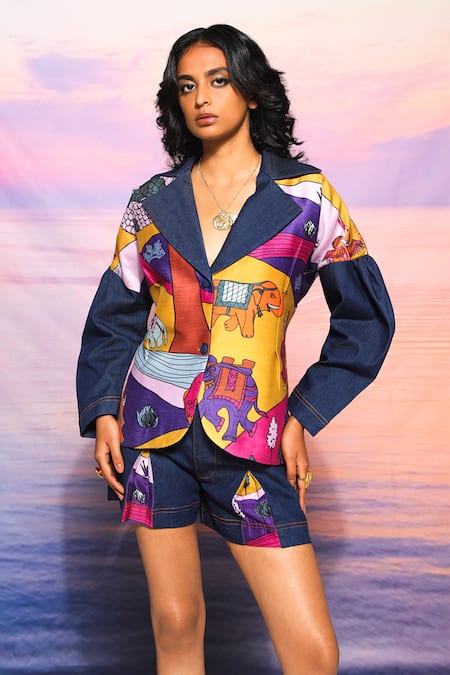 Buy_Ananya Agrawal Label_Yellow Chanderi, Denim Printed Elephant Blazer And Shorts Set _Online_at_Aza_Fashions