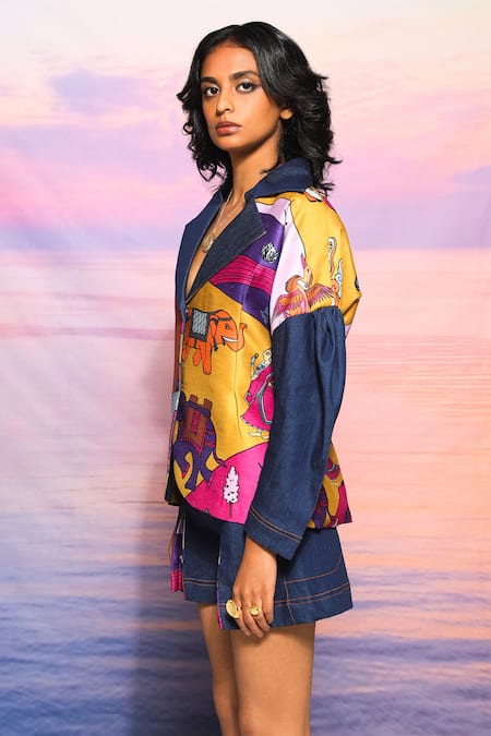Shop_Ananya Agrawal Label_Yellow Chanderi, Denim Printed Elephant Blazer And Shorts Set _Online_at_Aza_Fashions