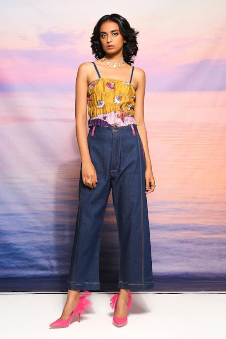Ananya Agrawal Label Yellow Chanderi, Denim Square Neck Abstract Print Top Online at Aza Fashions Ananya Agrawal Label_Yellow Chanderi, Denim Square Neck Abstract Print Top _Online_at_Aza_Fashions