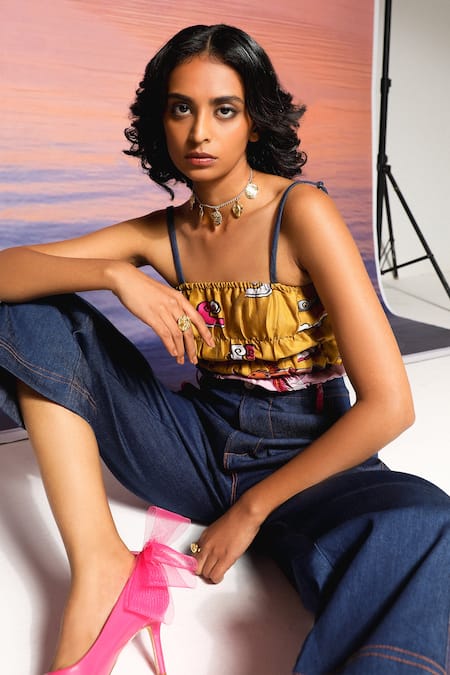 Ananya Agrawal Label Yellow Chanderi, Denim Square Neck Abstract Print Top at Aza Fashions Ananya Agrawal Label_Yellow Chanderi, Denim Square Neck Abstract Print Top _at_Aza_Fashions