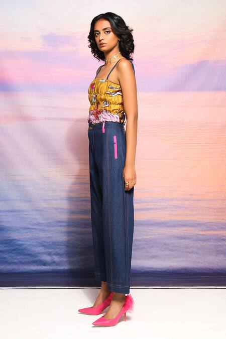 Buy_Ananya Agrawal Label_Yellow Chanderi, Denim Square Neck Abstract Printed Top And Trousers _Online_at_Aza_Fashions