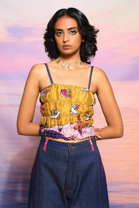 Ananya Agrawal Label_Yellow Chanderi, Denim Square Neck Abstract Printed Top And Trousers _at_Aza_Fashions