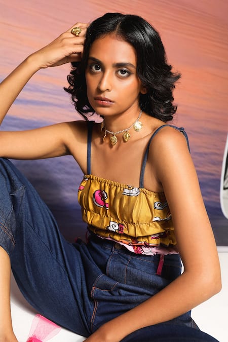 Shop_Ananya Agrawal Label_Yellow Chanderi, Denim Square Neck Abstract Printed Top And Trousers 