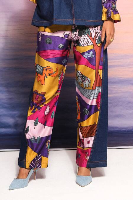 Ananya Agrawal Label_Blue Chanderi, Denim V-neck Abstract Print Trench _Online_at_Aza_Fashions