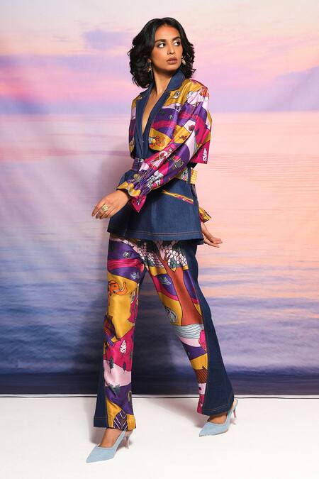 Shop_Ananya Agrawal Label_Blue Chanderi, Denim Printed Panel Trench And Trouser Set _Online_at_Aza_Fashions