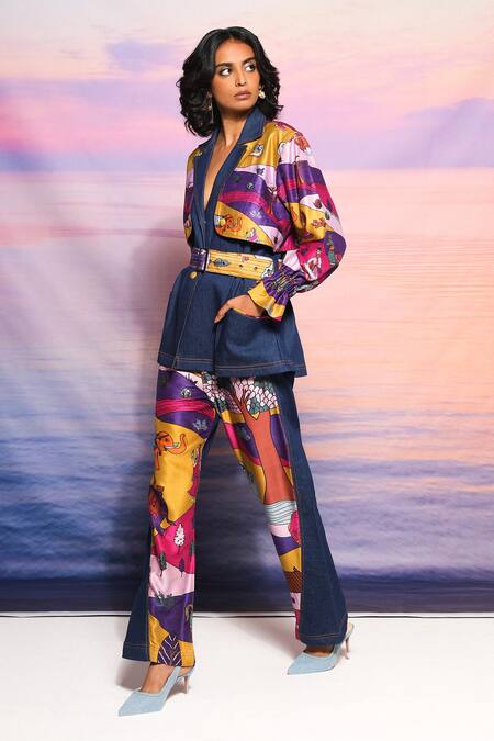 Ananya Agrawal Label_Blue Chanderi, Denim Printed Panel Trench And Trouser Set _at_Aza_Fashions