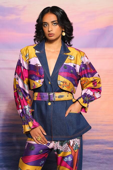 Buy_Ananya Agrawal Label_Blue Chanderi, Denim Printed Panel Trench And Trouser Set 