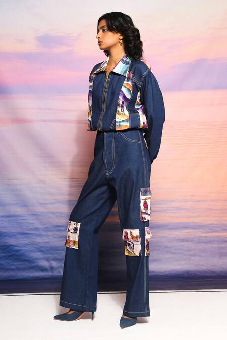 Buy_Ananya Agrawal Label_Blue Denim, Chanderi Collared Printed Bomber Jacket _Online_at_Aza_Fashions